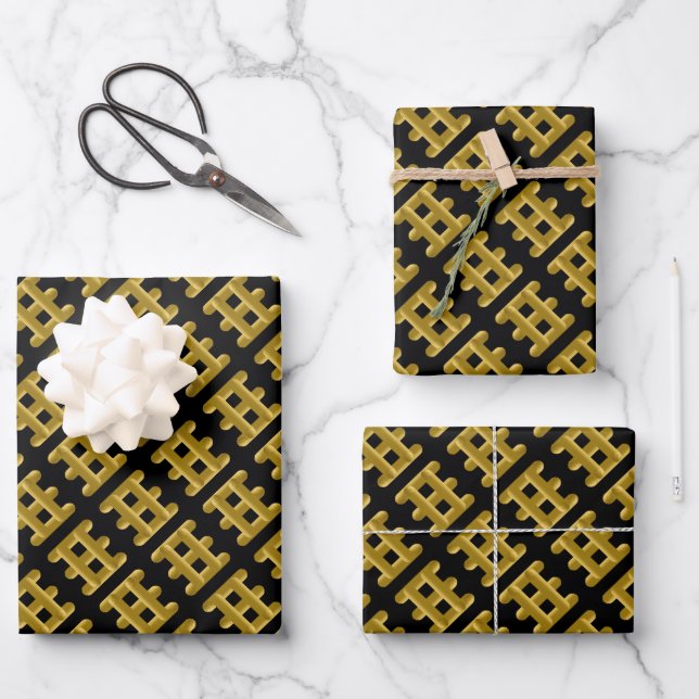 Wired Golden Cord Squared Pattern Gold On Black Wrapping Paper Sheet (Front)