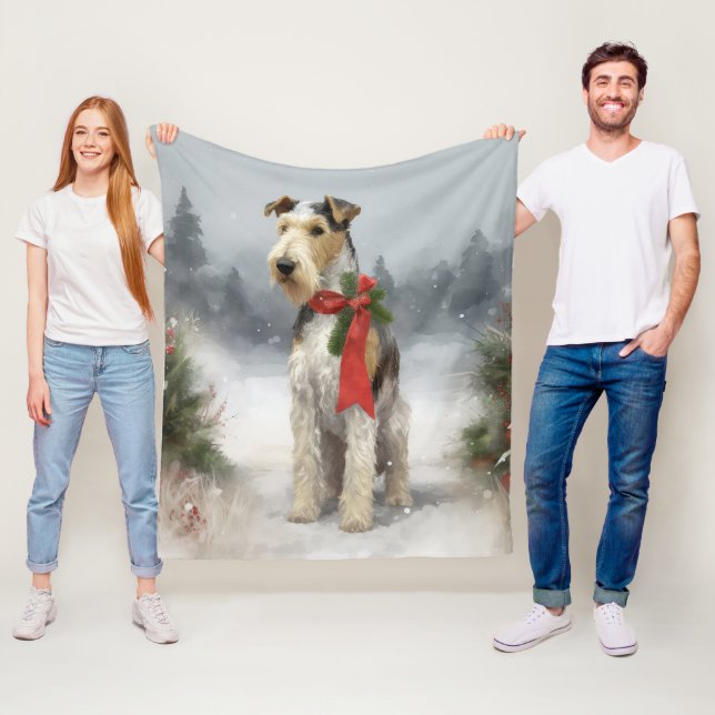 Wirefox Terrier Dog in Snow Christmas Fleece Blanket (In Situ)