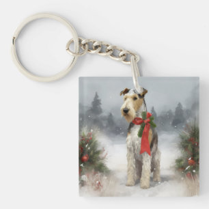 Wirefox Terrier Dog in Snow Christmas Key Ring