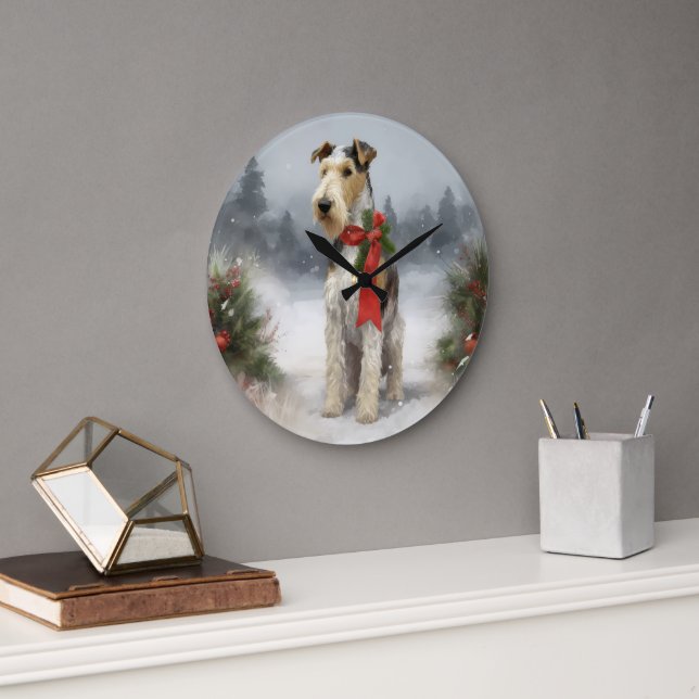Wirefox Terrier Dog in Snow Christmas Large Clock (Office)