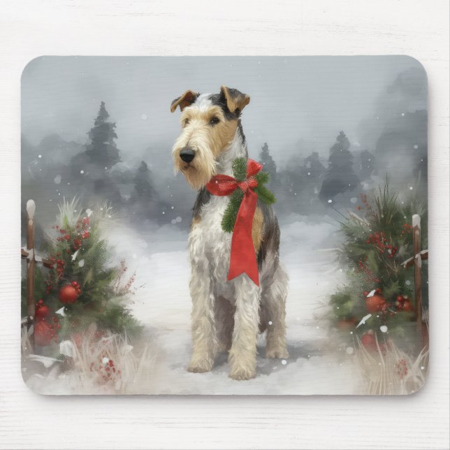 Wirefox Terrier Dog in Snow Christmas Mouse Pad (Front)