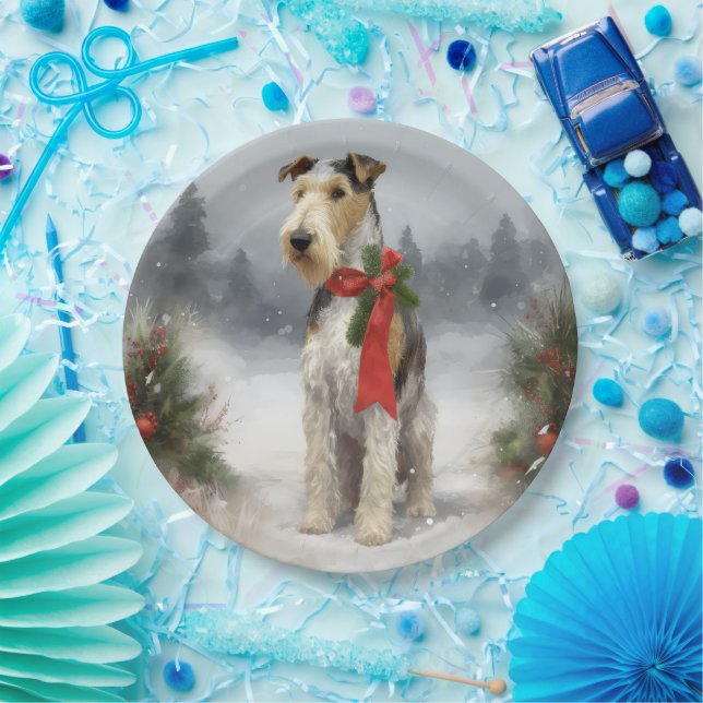 Wirefox Terrier Dog in Snow Christmas Paper Plate (Party)