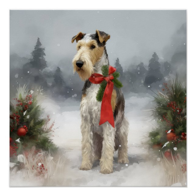 Wirefox Terrier Dog in Snow Christmas Poster (Front)