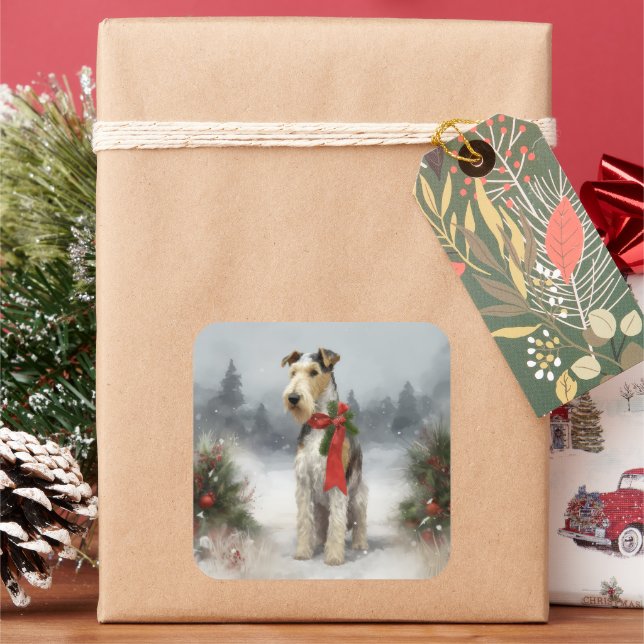 Wirefox Terrier Dog in Snow Christmas Square Sticker (Holiday)