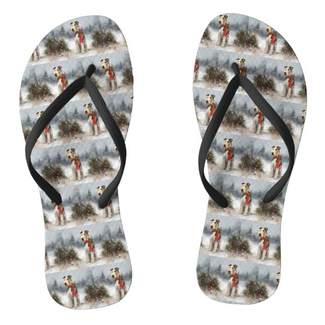 Wirefox Terrier Dog in Snow Christmas Thongs (Footbed)
