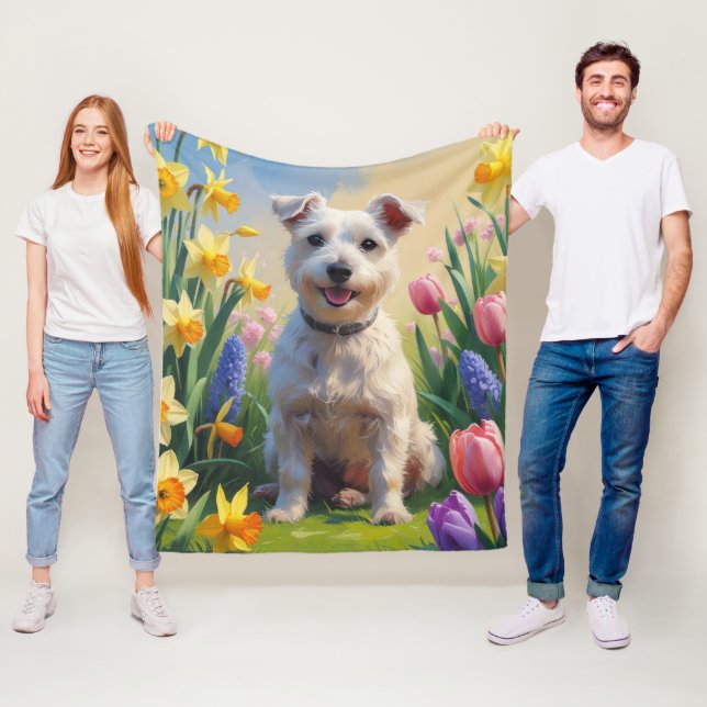 Wirefox Terrier Dog Spring Flowers Painting Fleece Blanket (In Situ)