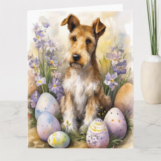 Wirefox Terrier Dog With Easter Eggs Holiday Card (Front)