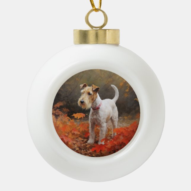 Wirefox Terrier in Autumn Leaves Fall Inspire  Ceramic Ball Christmas Ornament (Front)