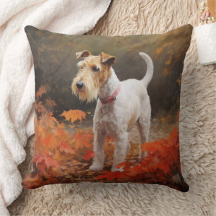 Wirefox Terrier in Autumn Leaves Fall Inspire  Cushion