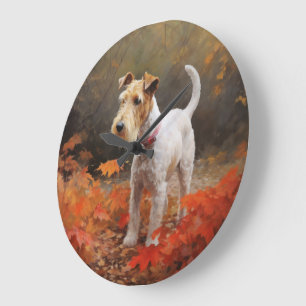 Wirefox Terrier in Autumn Leaves Fall Inspire Large Clock