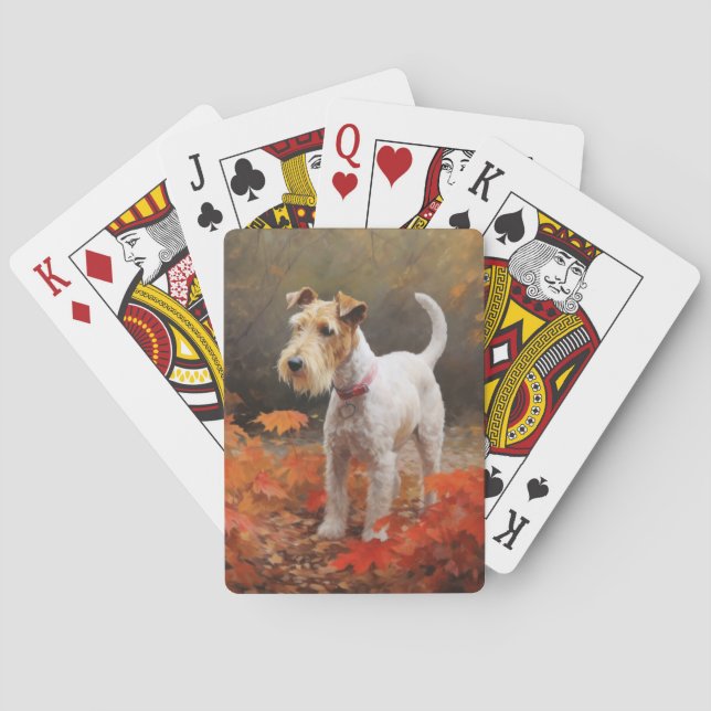 Wirefox Terrier in Autumn Leaves Fall Inspire  Playing Cards (Back)