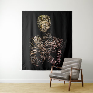 Wireframe Human Figure in Abstract Motion Tapestry