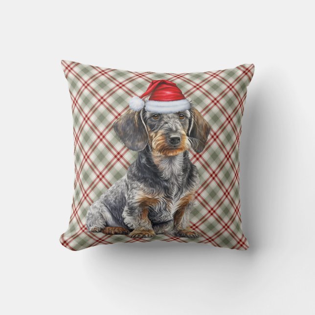 Wirehair Dachshund and Holiday Plaid Christmas Dog Cushion (Front)