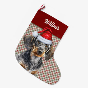 Wirehair Dachshund Dog Holiday Plaid Personalised Large Christmas Stocking
