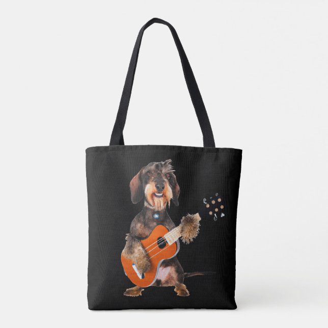 Wirehair Dachshund Playing Acoustic Guitar Tote Bag (Back)