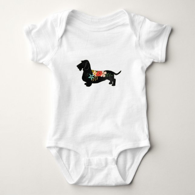Wirehaired Dachshund Bohemian Floral Silhouette Baby Bodysuit (Front)