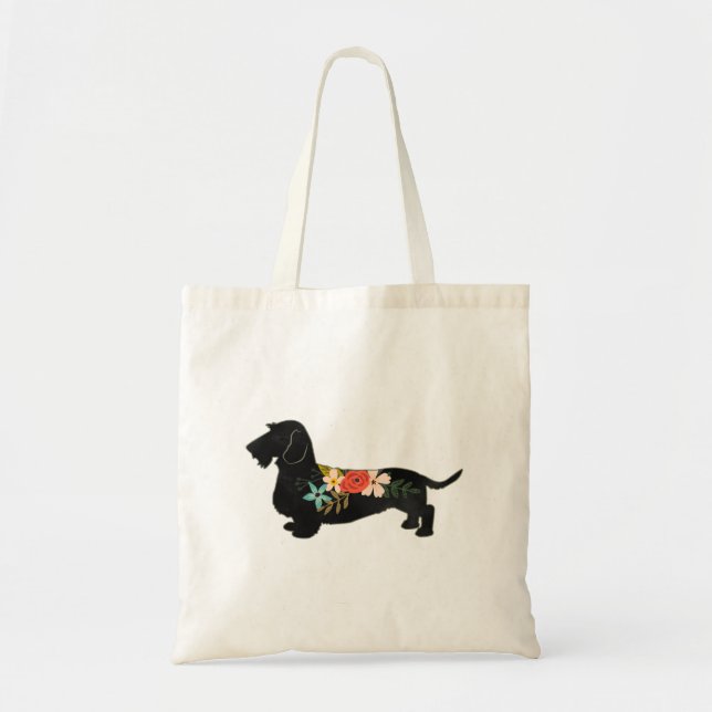 Wirehaired Dachshund Bohemian Floral Silhouette Tote Bag (Front)