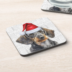 Wirehaired Dachshund Dog in a Santa Hat Holiday Coaster