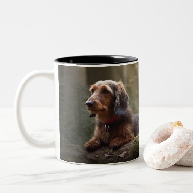 Wirehaired Dachshund in Forest Two-Tone Coffee Mug (With Donut)