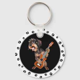 Wirehaired Dachshund Playing Guitar Keychain