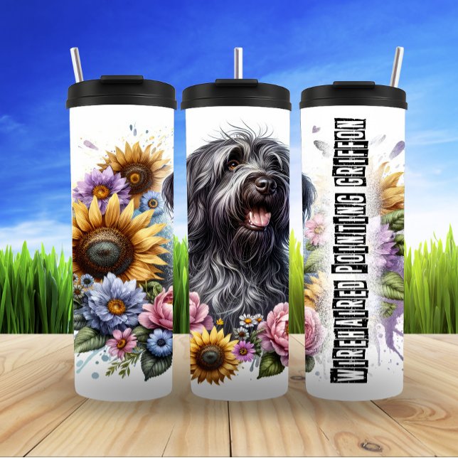 Wirehaired Griffon with Sunflower Blossoms Thermal Tumbler (Creator Uploaded)