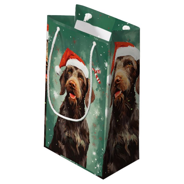 Wirehaired Pointer Christmas brush painting artwor Small Gift Bag (Back Angled)