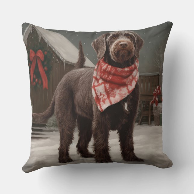 Wirehaired Pointing Dog in Snow Christmas Cushion (Back)