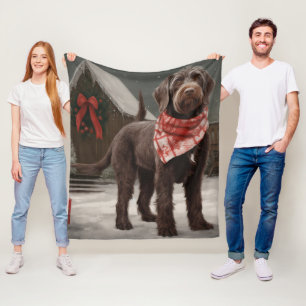 Wirehaired Pointing Dog in Snow Christmas Fleece Blanket