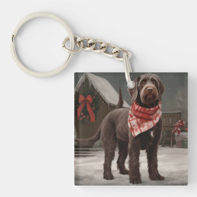 Wirehaired Pointing Dog in Snow Christmas Key Ring (Front)