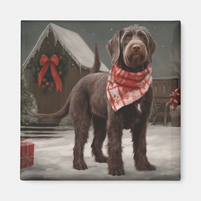 Wirehaired Pointing Dog in Snow Christmas Magnet (Front)