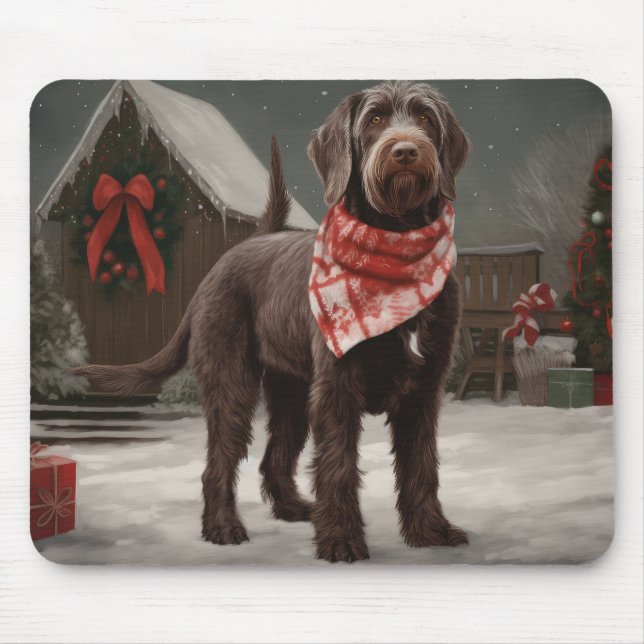 Wirehaired Pointing Dog in Snow Christmas Mouse Pad (Front)