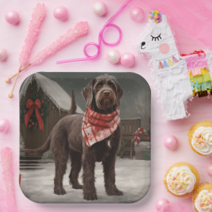 Wirehaired Pointing Dog in Snow Christmas Paper Plate