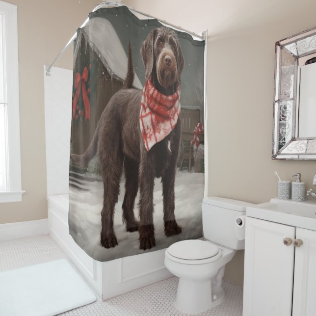 Wirehaired Pointing Dog in Snow Christmas Shower Curtain (In Situ)