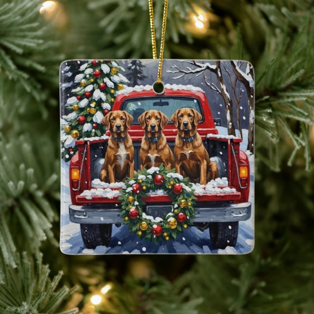 Wirehaired Pointing Griffon Christmas Red Truck Ceramic Ornament (Tree)