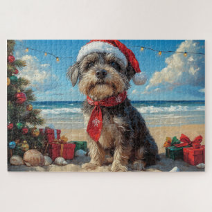 Wirehaired Pointing Griffon Dog Christmas Beach Jigsaw Puzzle