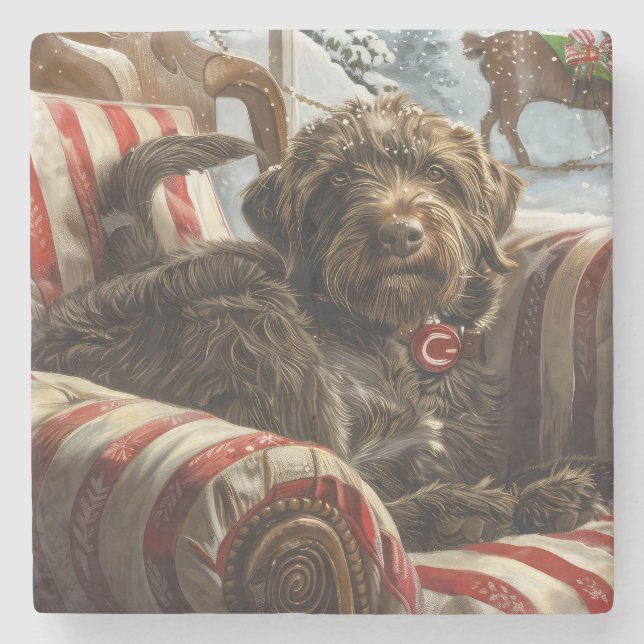 Wirehaired Pointing Griffon Dog Christmas Festive Stone Coaster (Front)