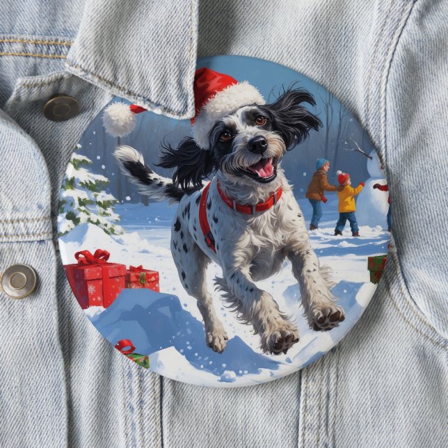 Wirehaired Pointing Griffon in Snow Christmas Hat 6 Cm Round Badge (In Situ)
