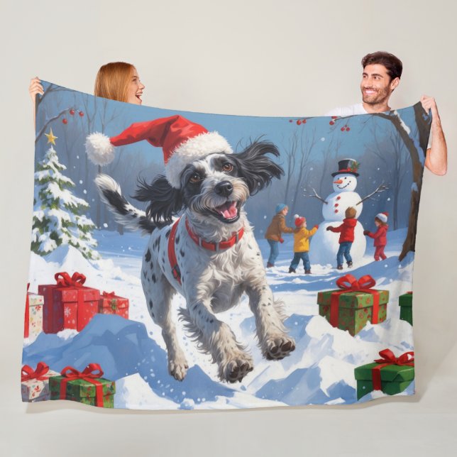 Wirehaired Pointing Griffon in Snow Christmas Hat Fleece Blanket (In Situ)