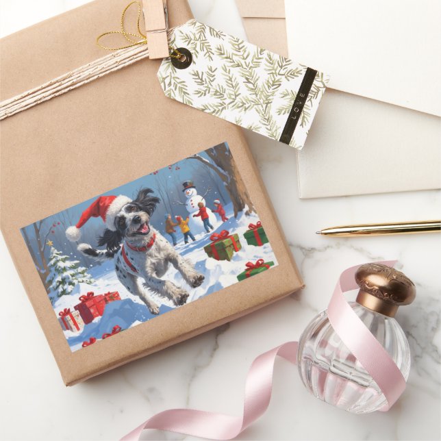 Wirehaired Pointing Griffon in Snow Christmas Hat Rectangular Sticker (Gifting)