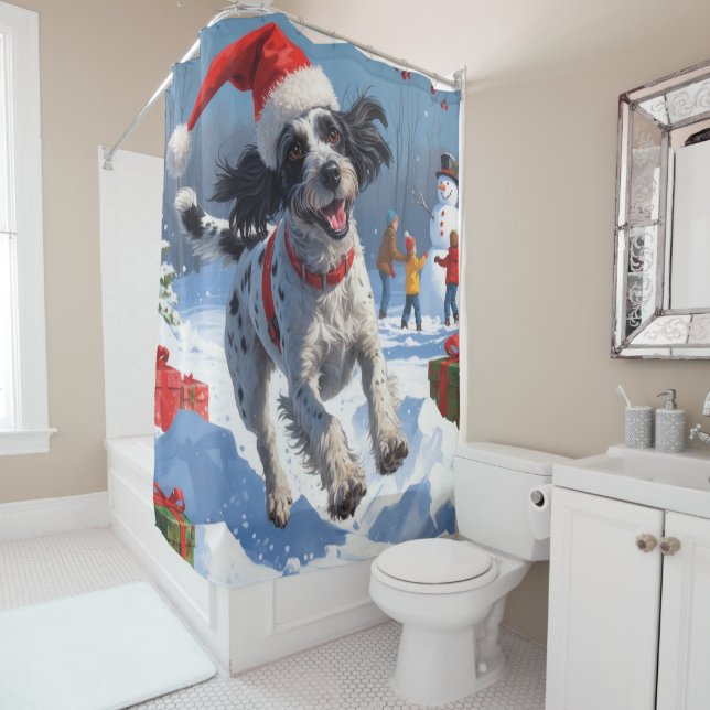 Wirehaired Pointing Griffon in Snow Christmas Hat Shower Curtain (In Situ)