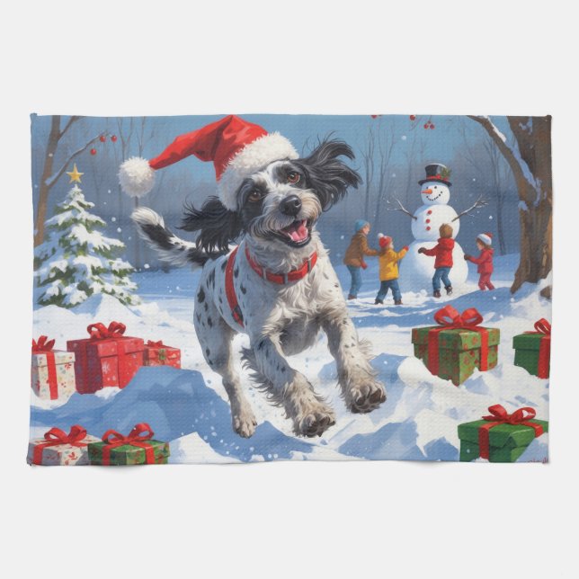 Wirehaired Pointing Griffon in Snow Christmas Hat Tea Towel (Horizontal)
