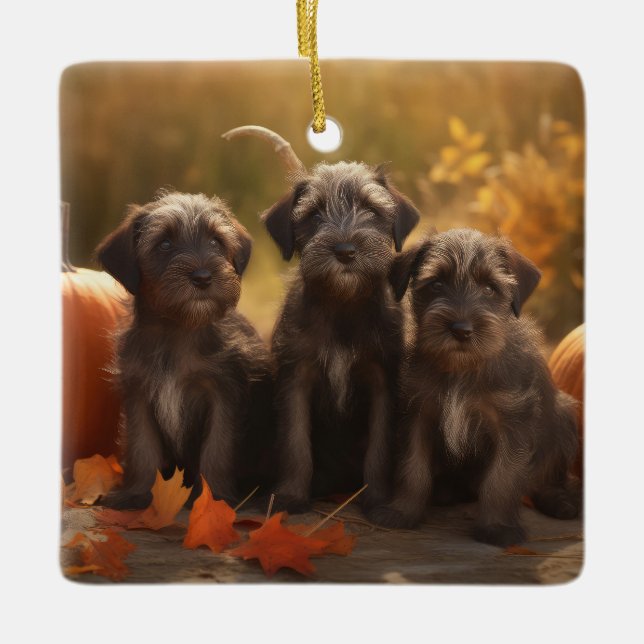 Wirehaired Pointing Griffon Puppy Autumn Ceramic Ornament (Front)