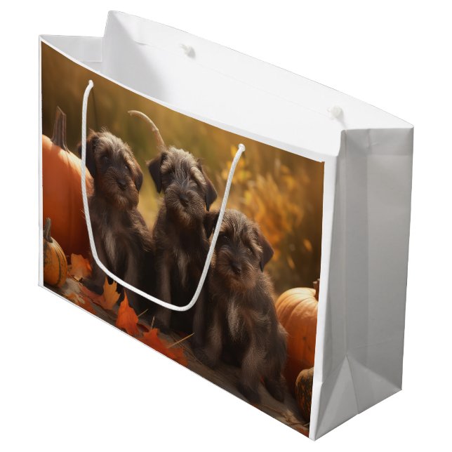 Wirehaired Pointing Griffon Puppy Autumn Large Gift Bag (Front Angled)