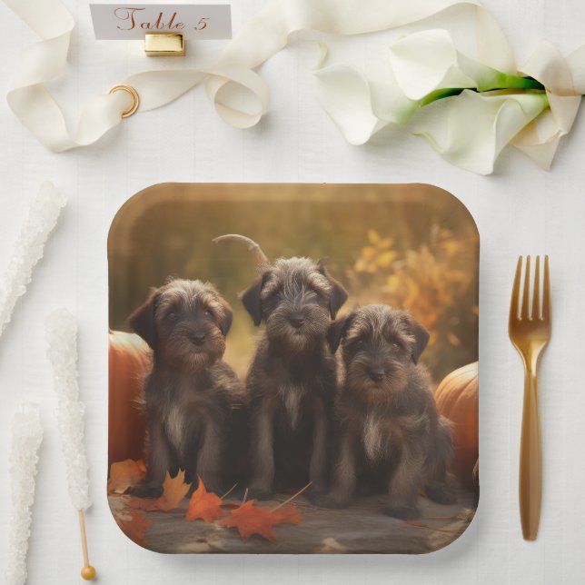 Wirehaired Pointing Griffon Puppy Autumn Paper Plate (Wedding)