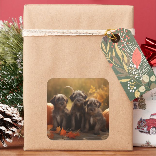 Wirehaired Pointing Griffon Puppy Autumn Square Sticker (Holiday)