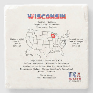 Wisconsin American state on a map and useful info Stone Coaster