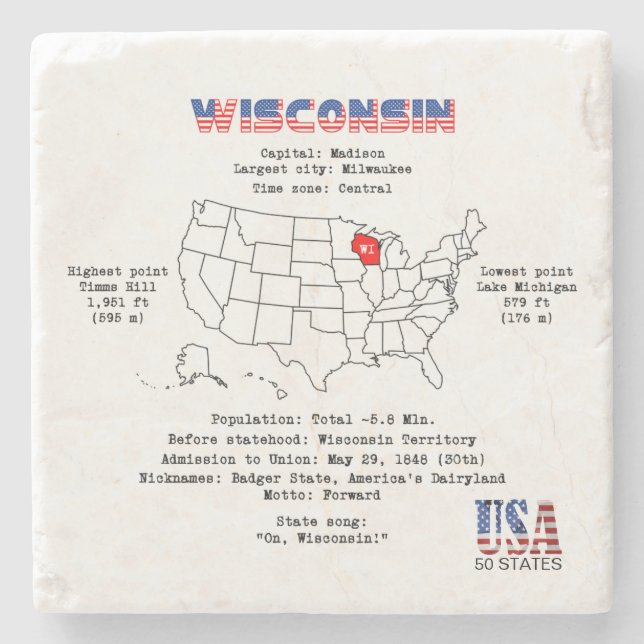 Wisconsin American state on a map and useful info Stone Coaster (Front)