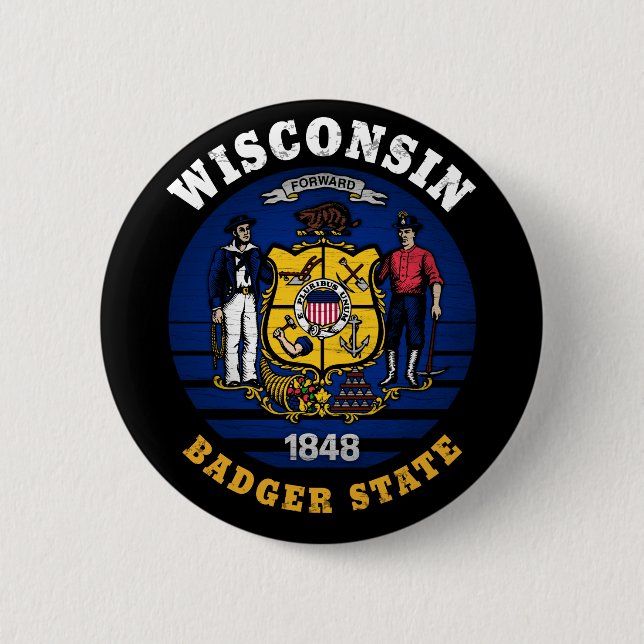 WISCONSIN BADGER STATE FLAG 6 CM ROUND BADGE (Front)