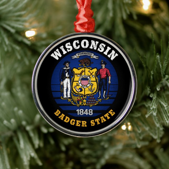 WISCONSIN BADGER STATE FLAG METAL ORNAMENT (Tree)
