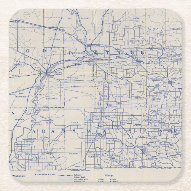 Wisconsin Bicycle Road Map 2 Square Paper Coaster (Front)